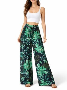 MAGAZINE Easy Care Poly Blend Tropical Print Palazzo Pants w/ Waist Tie Sz. L
